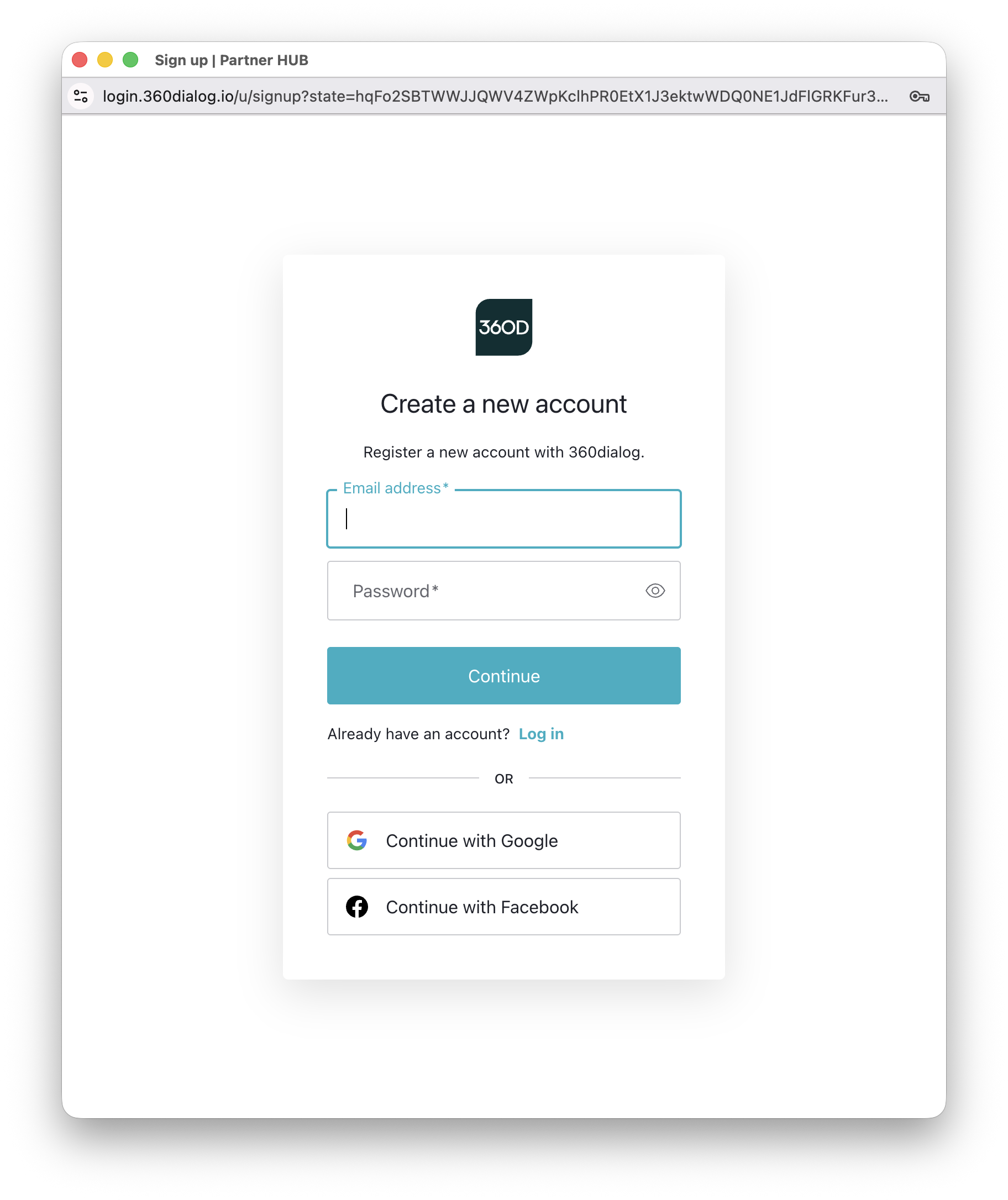 360dialog Create a new account screen with email and password fields