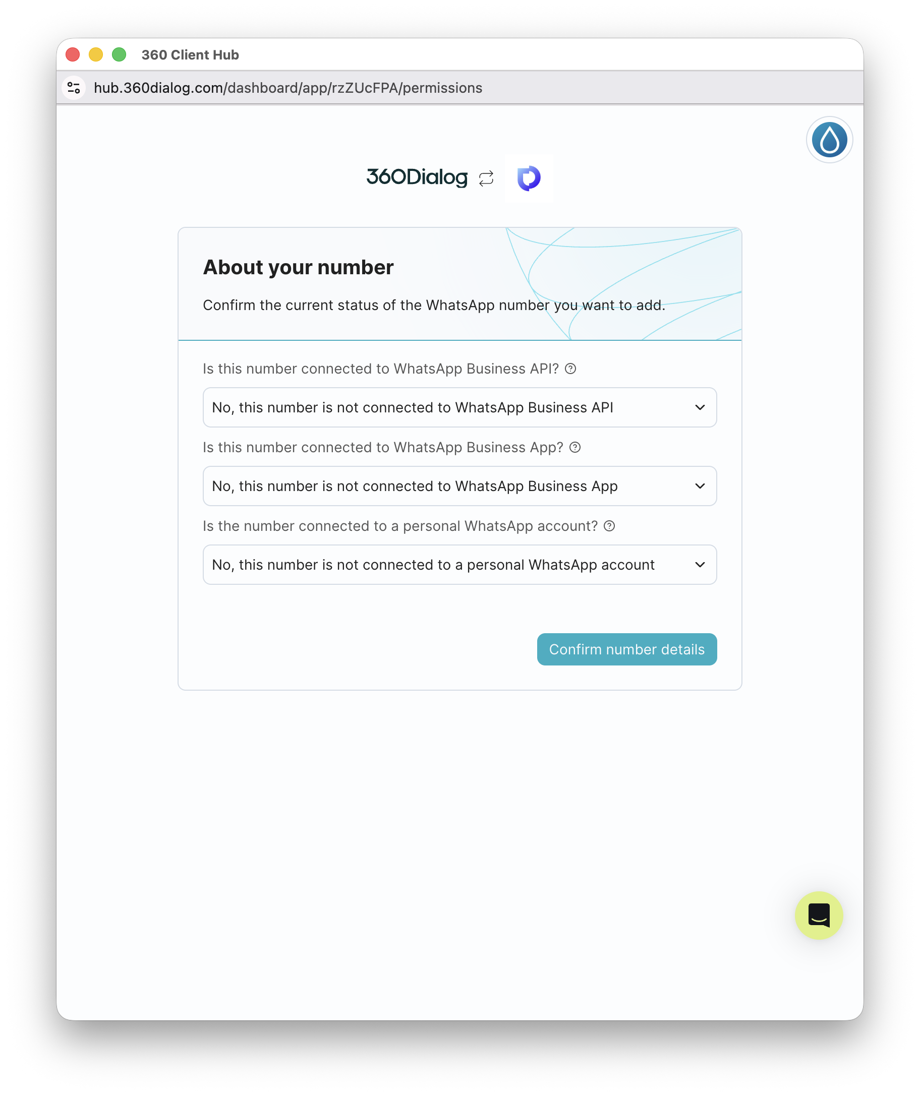 360dialog About your number — 3 questions answered with No, Confirm number details button visible