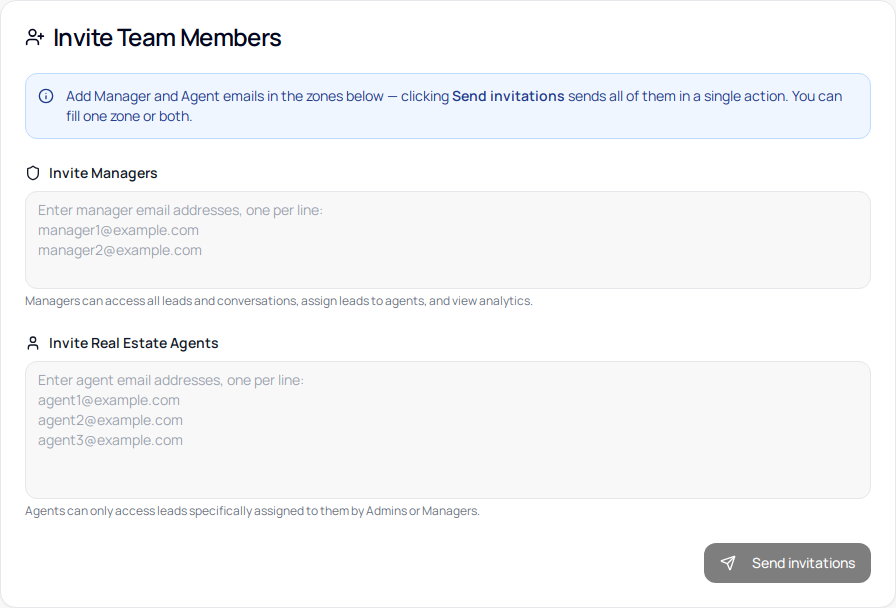 Invite Team Members card with two textareas and Send invitations button