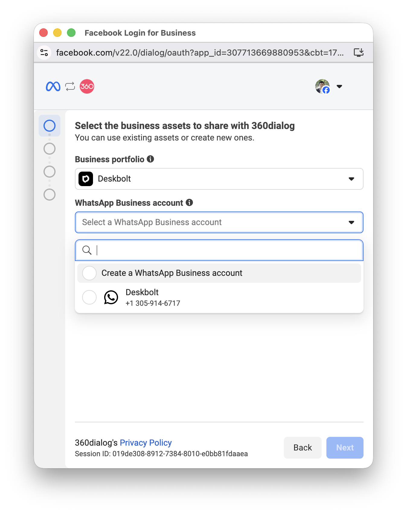 Facebook — Select the business assets to share with 360dialog: Business portfolio + WhatsApp Business account dropdowns