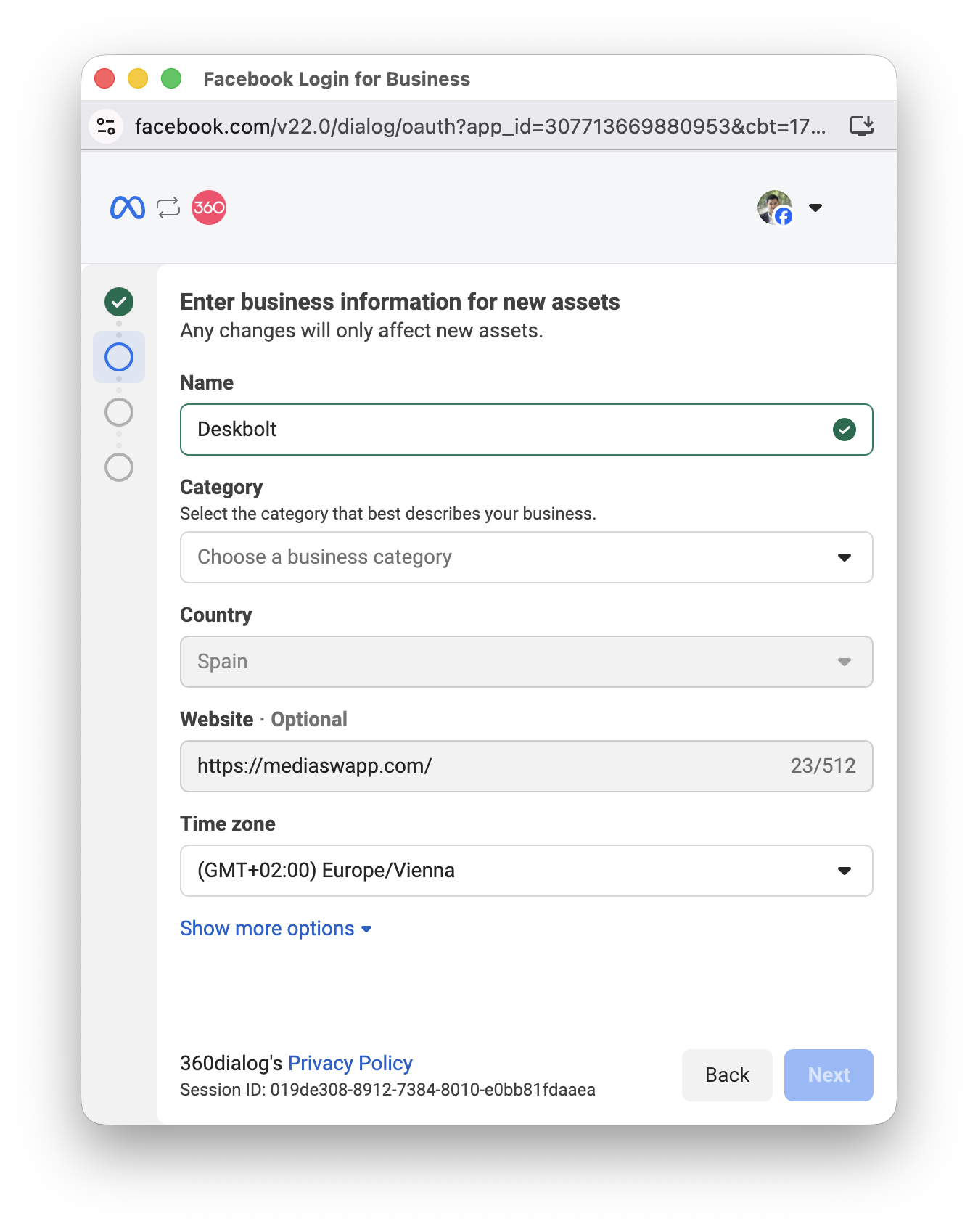 Facebook — Enter business information for new assets: Name, Category, Country, Website, Time zone fields