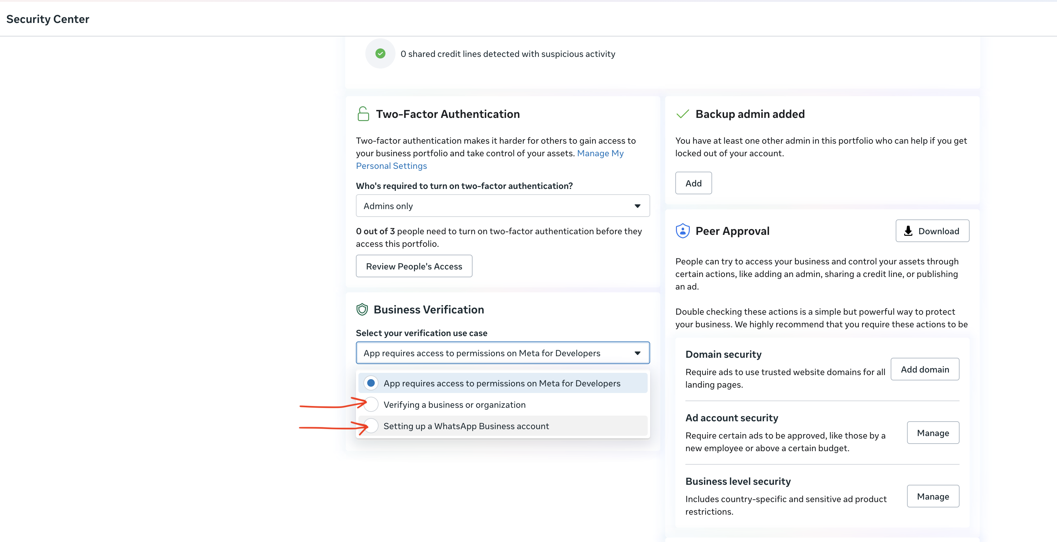 Security Center — Select your verification use case dropdown showing 3 options
