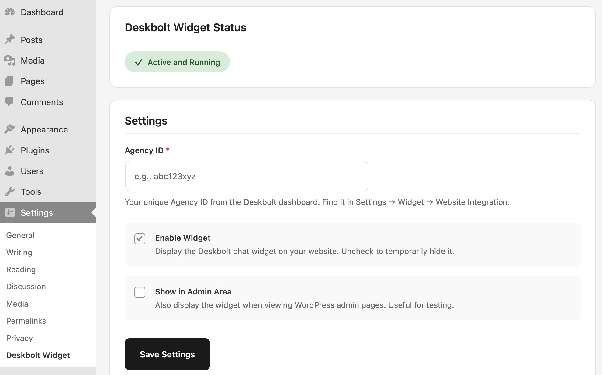 Deskbolt Widget settings page in WordPress admin