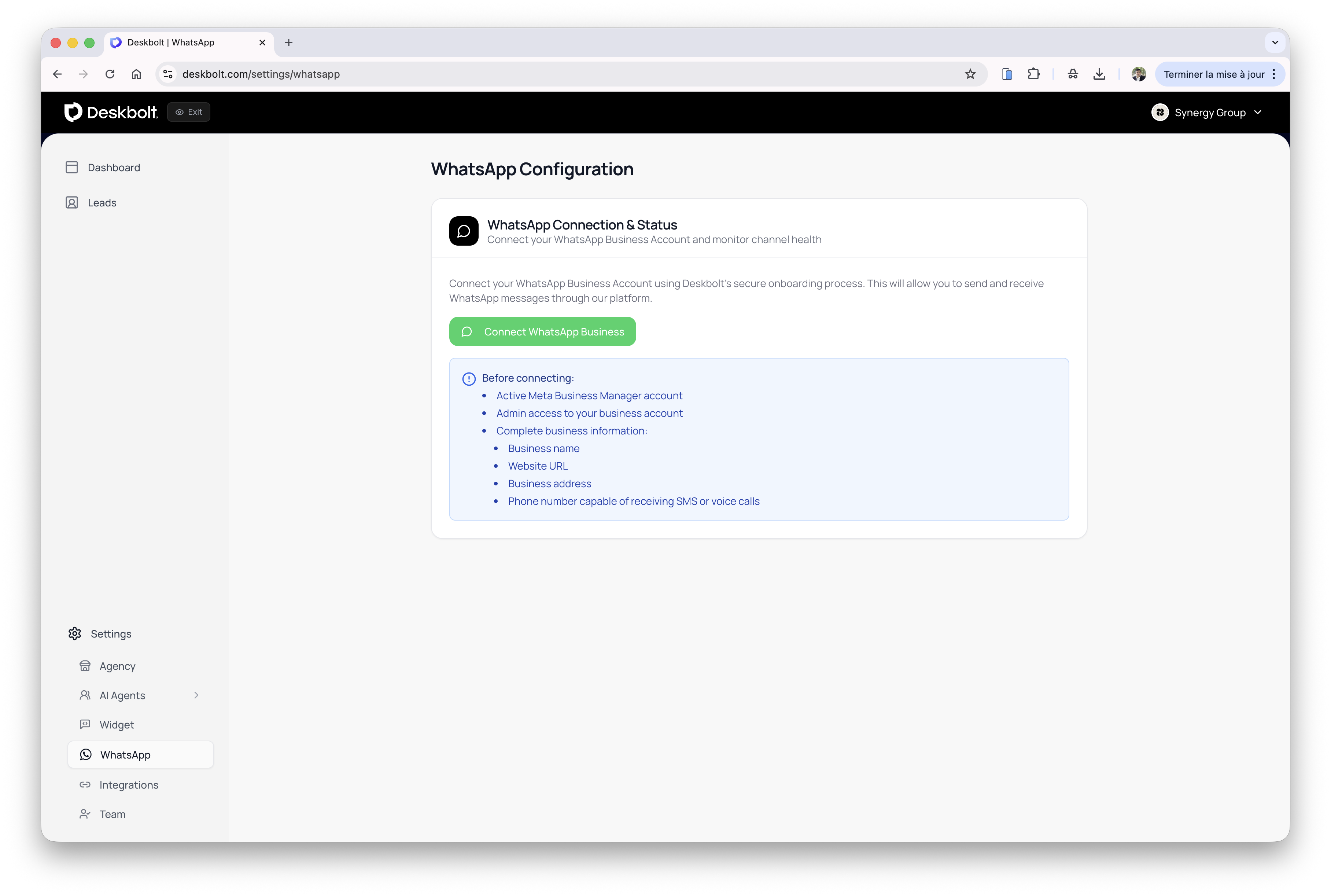 Deskbolt → Settings → WhatsApp avec bouton Connect WhatsApp Business