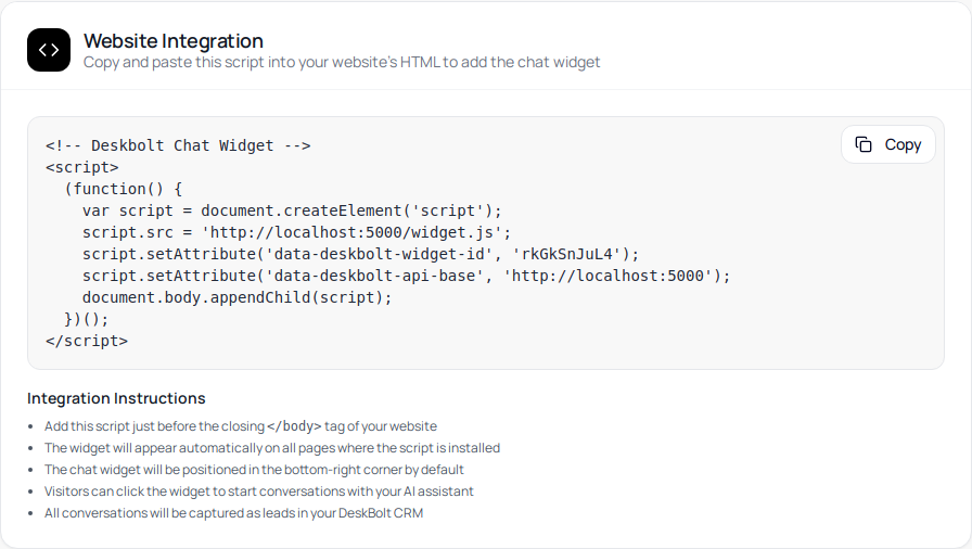 Carte Website Integration avec le script et le Widget ID