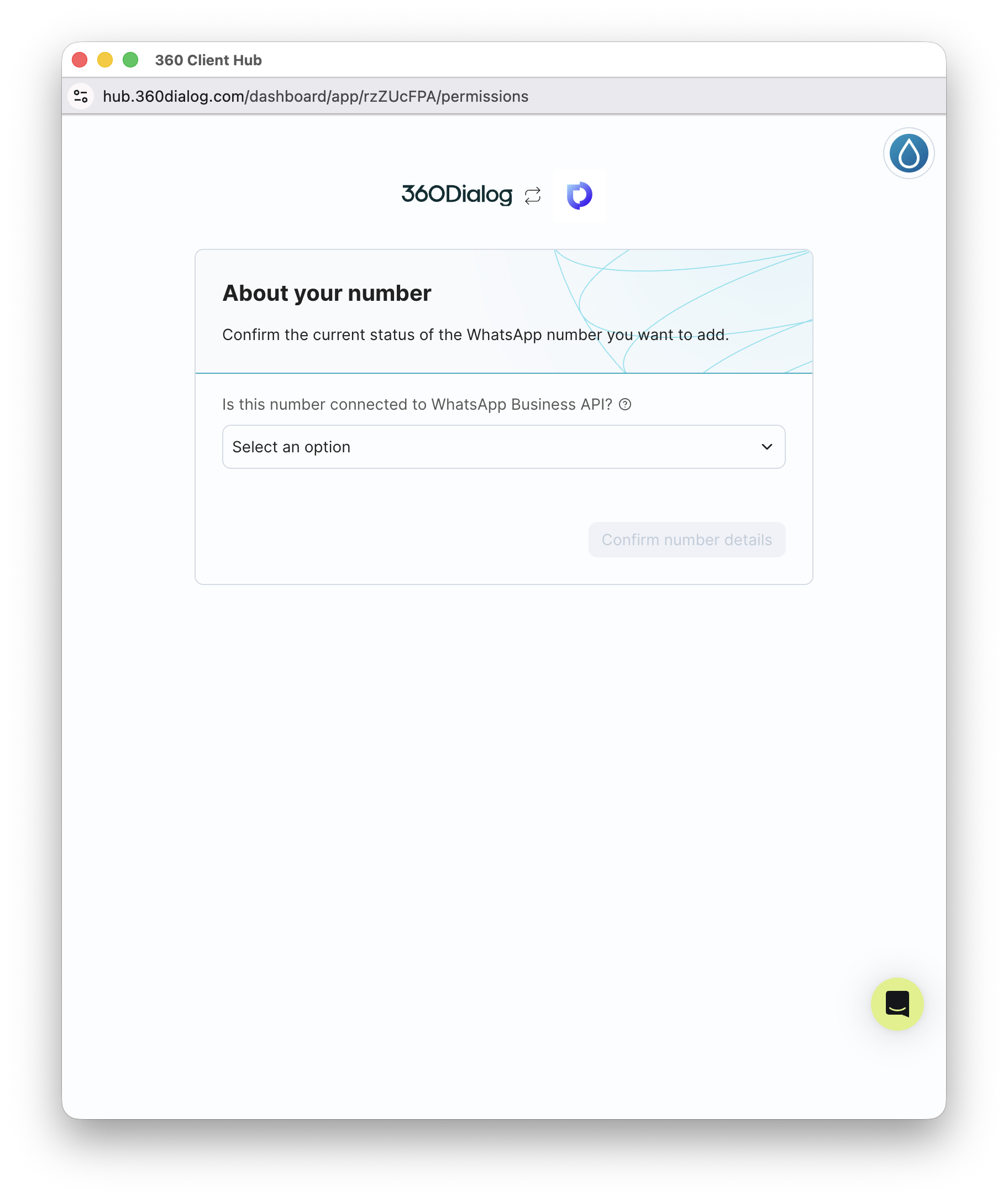 360dialog About your number — première question dans un dropdown