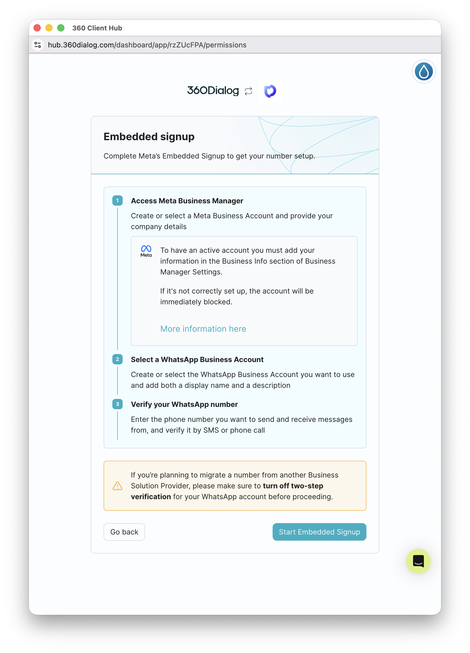 360dialog Embedded signup overview avec 3 sous-étapes et bouton Start Embedded Signup