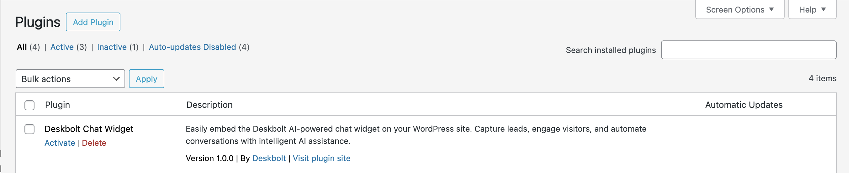Plugin Deskbolt Chat Widget dans la liste des plugins WordPress